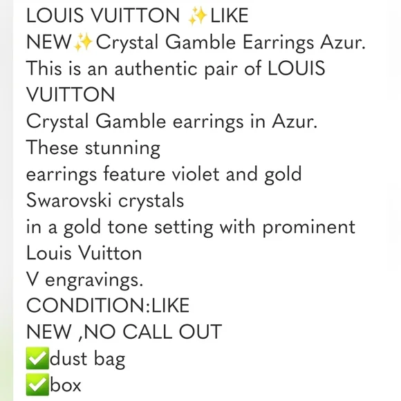 LOUIS VUITTON ✨LIKE NEW ✨Crystal Gamble Earrings Azur